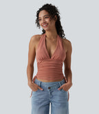 Deep V Neck Backless Ruched Drawstring Casual Halter Top — Terra Cotta Pink — view 1
