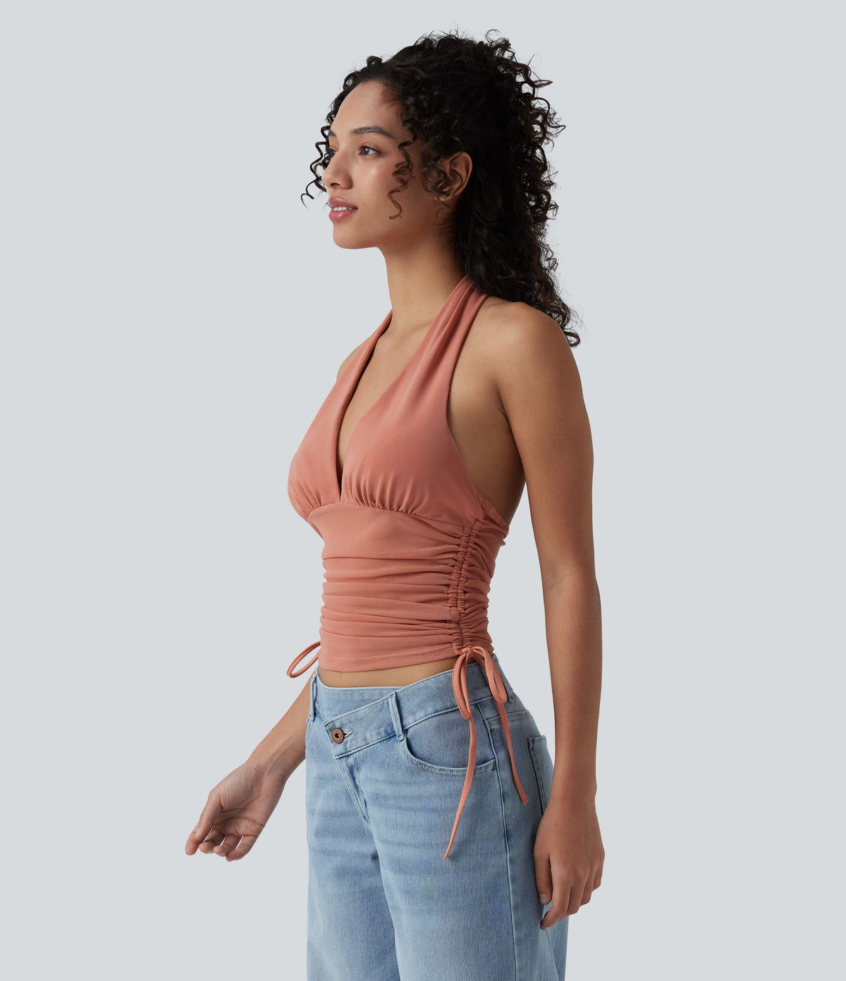 Deep V Neck Backless Ruched Drawstring Casual Halter Top — Terra Cotta Pink — view 3