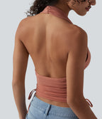 Deep V Neck Backless Ruched Drawstring Casual Halter Top — Terra Cotta Pink — view 5