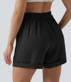 High Waisted Rolled Hem Linen-Feel Resort Shorts 5'' with Pockets — Black — view 6