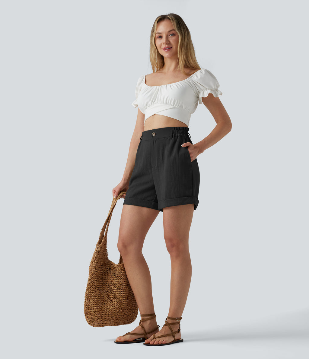 High Waisted Rolled Hem Linen-Feel Resort Shorts 5'' with Pockets — Black — view 7