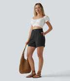 High Waisted Rolled Hem Linen-Feel Resort Shorts 5'' with Pockets — Black — view 7