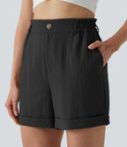 High Waisted Rolled Hem Linen-Feel Resort Shorts 5'' with Pockets — Black — view 5