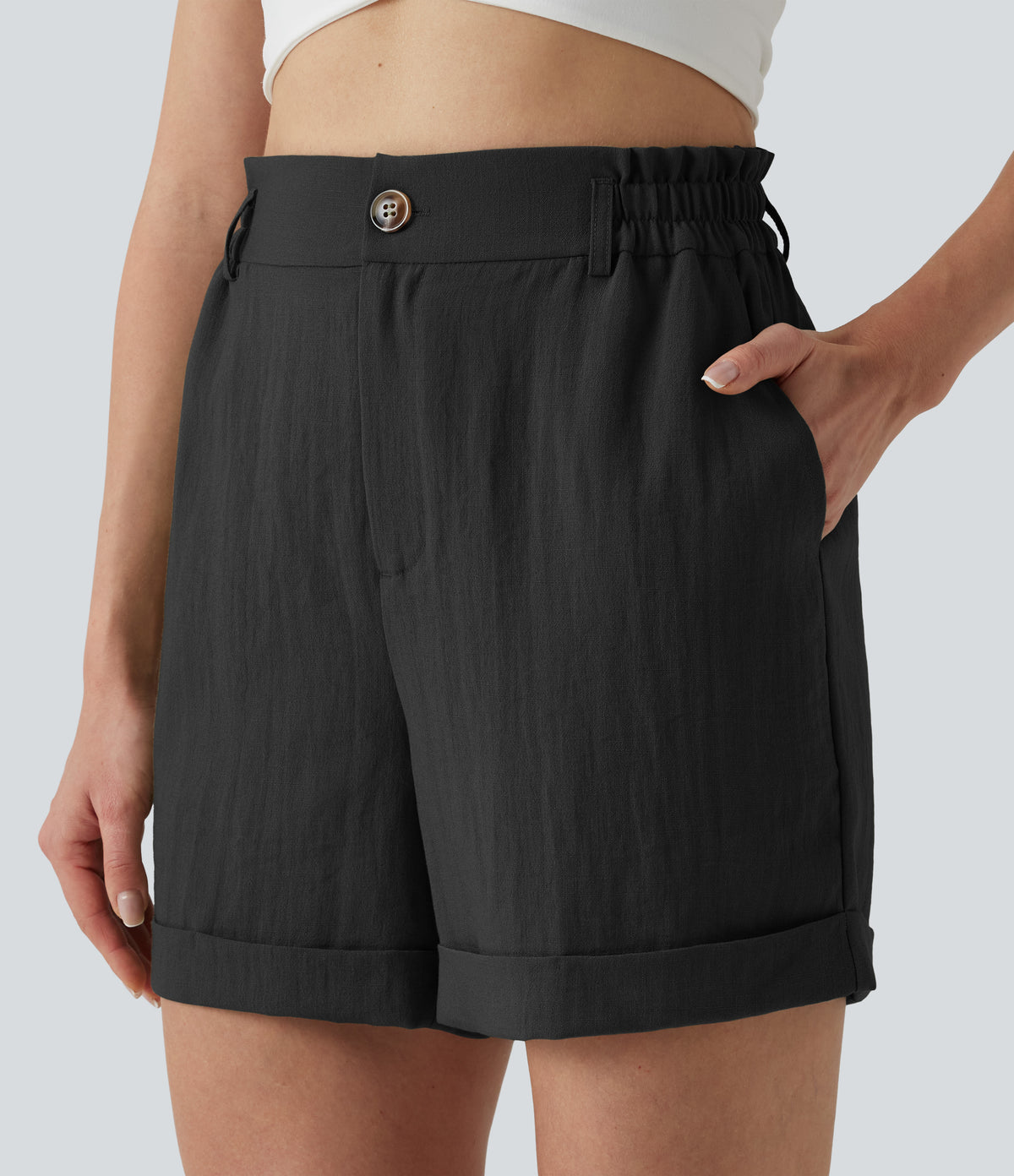 High Waisted Rolled Hem Linen-Feel Resort Shorts 5'' with Pockets — Black — view 5