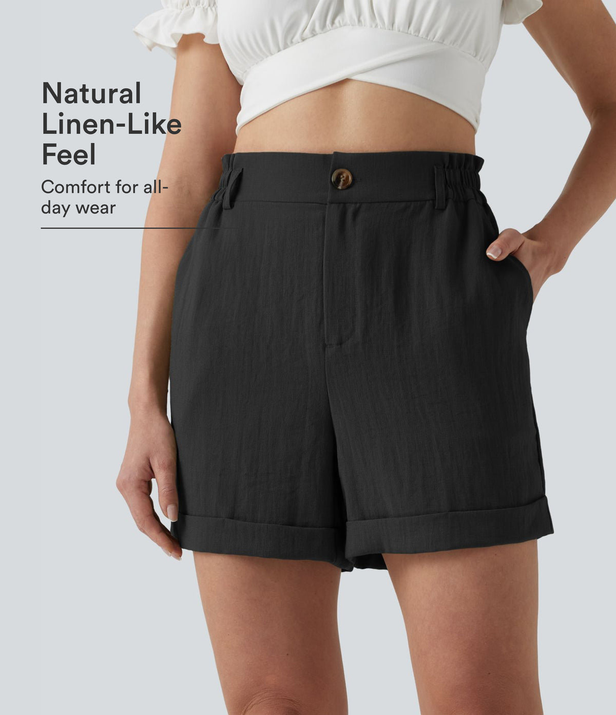 High Waisted Rolled Hem Linen-Feel Resort Shorts 5'' with Pockets — Black — view 1