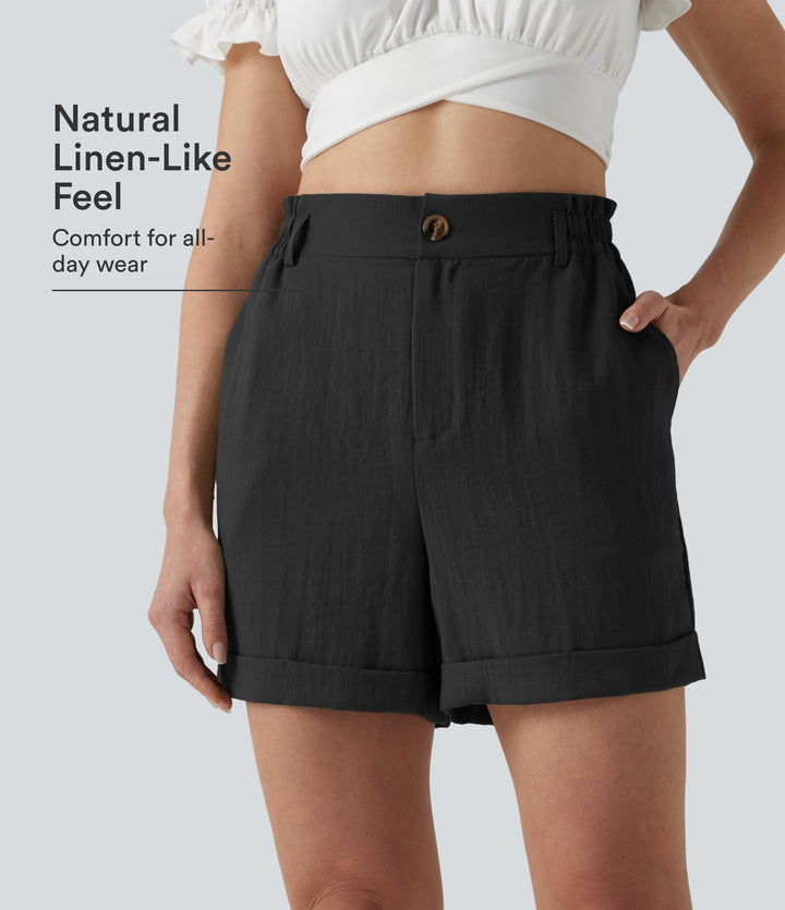High Waisted Rolled Hem Linen-Feel Resort Shorts 5'' with Pockets — Black — view 1