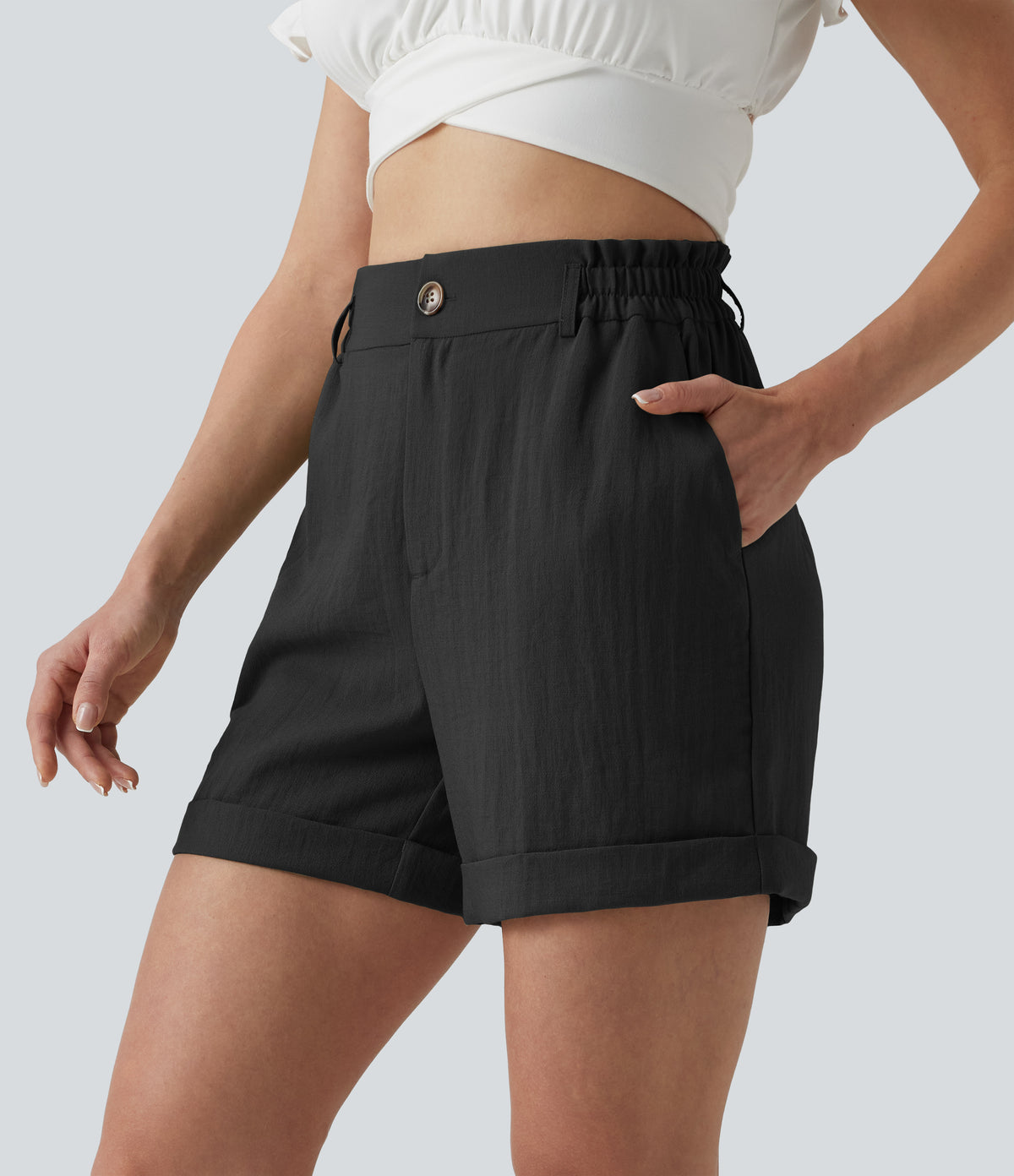 High Waisted Rolled Hem Linen-Feel Resort Shorts 5'' with Pockets — Black — view 4