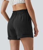 High Waisted Rolled Hem Linen-Feel Resort Shorts 5'' with Pockets — Black — view 3