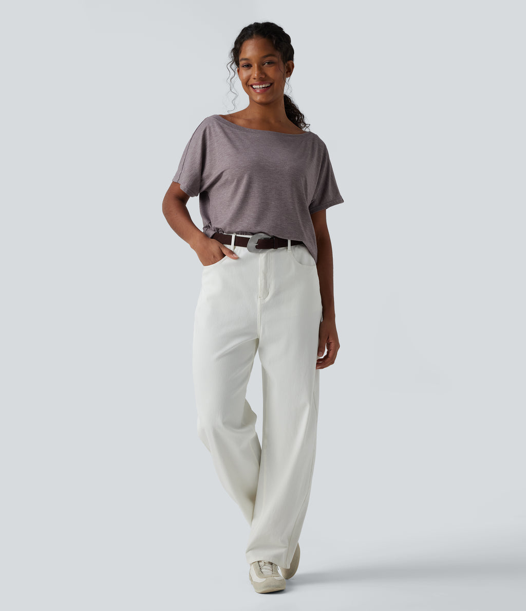 One-shoulder Short Sleeve Heathered Casual Oversized Top — Deep Tea Brown Floral Yarn — view 6