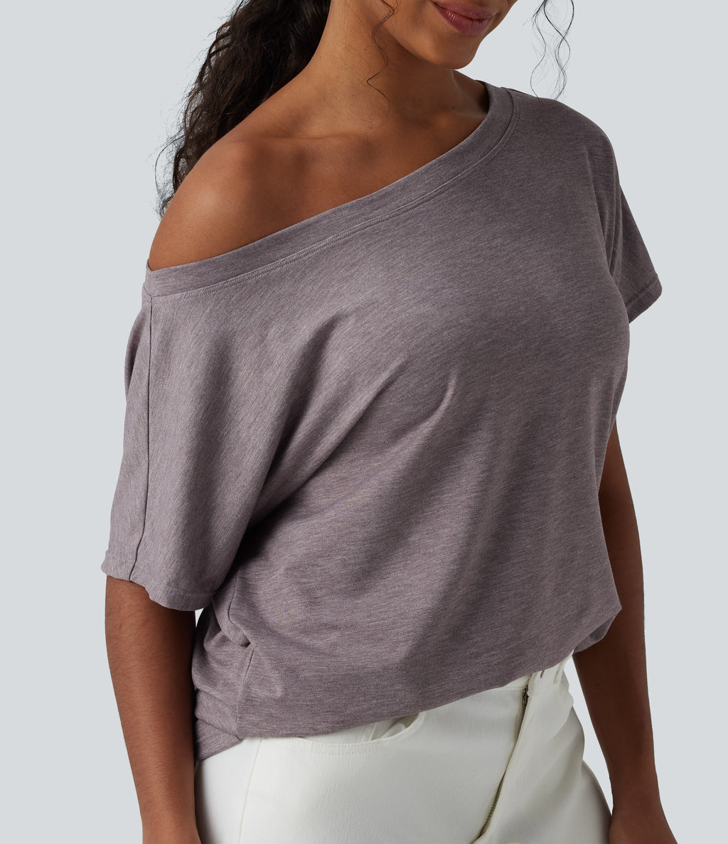 One-shoulder Short Sleeve Heathered Casual Oversized Top — Deep Tea Brown Floral Yarn — view 4