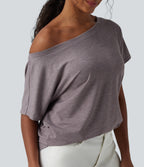 One-shoulder Short Sleeve Heathered Casual Oversized Top — Deep Tea Brown Floral Yarn — view 4