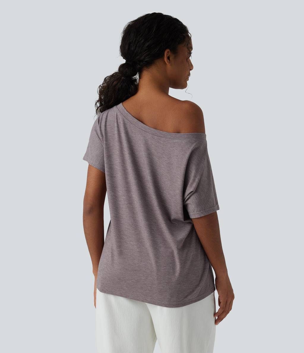 One-shoulder Short Sleeve Heathered Casual Oversized Top — Deep Tea Brown Floral Yarn — view 2