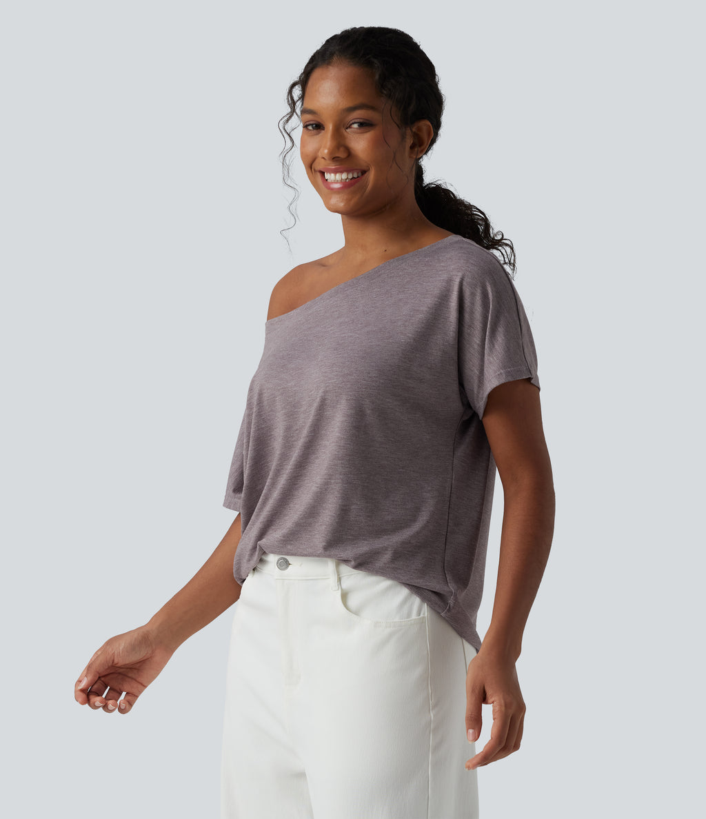 One-shoulder Short Sleeve Heathered Casual Oversized Top — Deep Tea Brown Floral Yarn — view 3