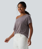 One-shoulder Short Sleeve Heathered Casual Oversized Top — Deep Tea Brown Floral Yarn — view 3