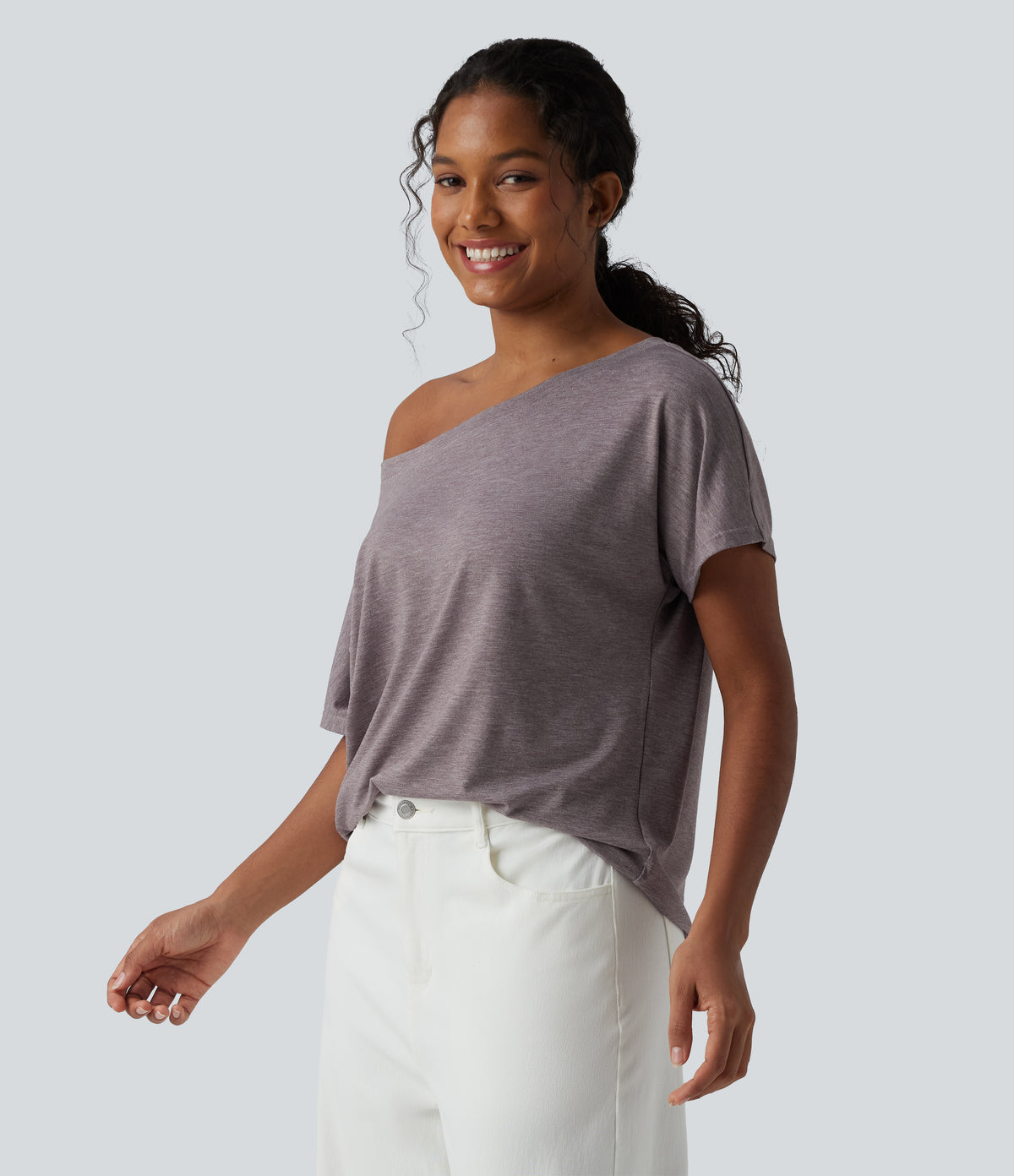 One-shoulder Short Sleeve Heathered Casual Oversized Top — Deep Tea Brown Floral Yarn — view 3