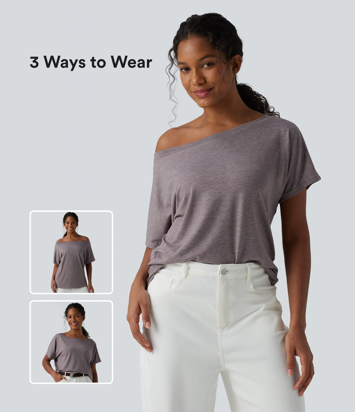 One-shoulder Short Sleeve Heathered Casual Oversized Top — Deep Tea Brown Floral Yarn — view 1