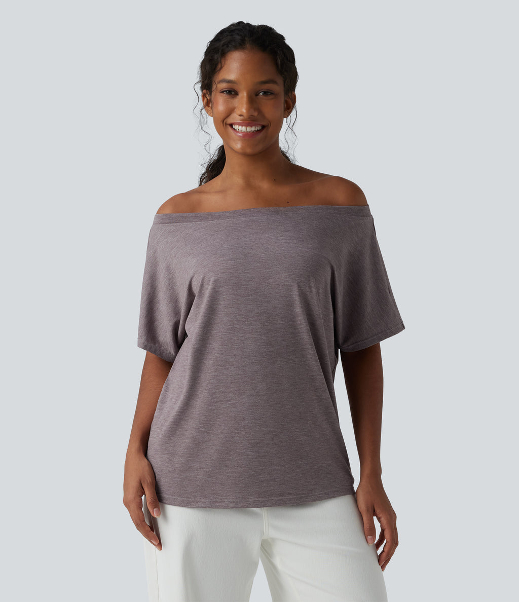One-shoulder Short Sleeve Heathered Casual Oversized Top — Deep Tea Brown Floral Yarn — view 5