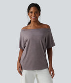 One-shoulder Short Sleeve Heathered Casual Oversized Top — Deep Tea Brown Floral Yarn — view 5