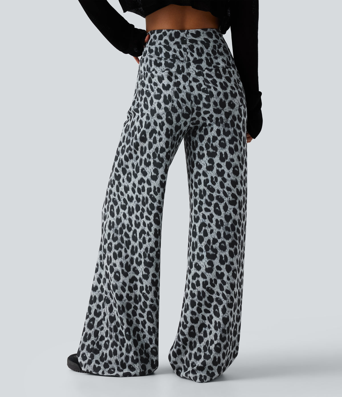 High Waisted Leopard Waffle Casual Baggy Trousers with Pockets — Frosted Panther — view 2