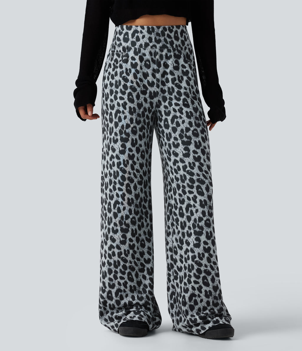 High Waisted Leopard Waffle Casual Baggy Trousers with Pockets — Frosted Panther — view 1