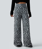 High Waisted Leopard Waffle Casual Baggy Trousers with Pockets — Frosted Panther — view 1