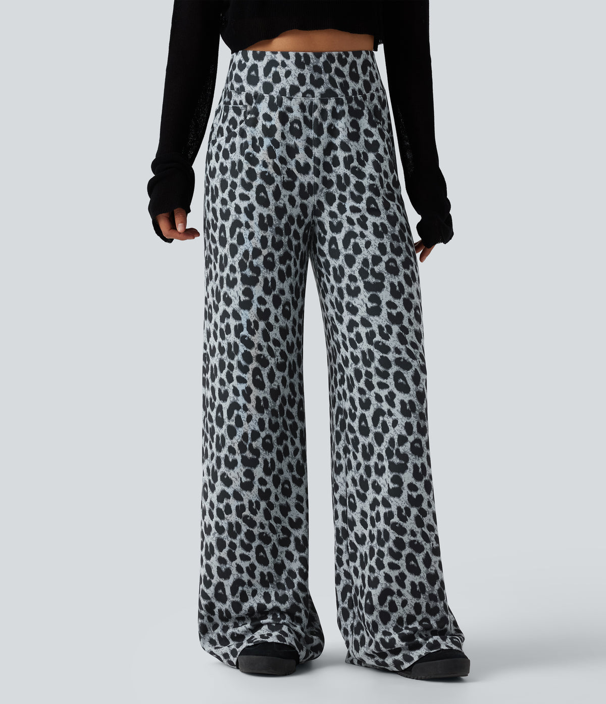 High Waisted Leopard Waffle Casual Baggy Trousers with Pockets — Frosted Panther — view 1