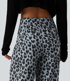 High Waisted Leopard Waffle Casual Baggy Trousers with Pockets — Frosted Panther — view 5