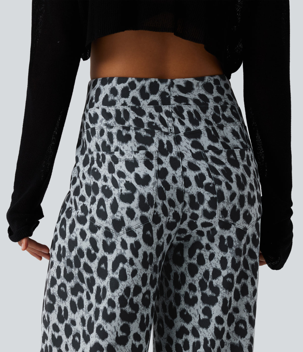 High Waisted Leopard Waffle Casual Baggy Trousers with Pockets — Frosted Panther — view 5