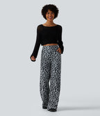 High Waisted Leopard Waffle Casual Baggy Trousers with Pockets — Frosted Panther — view 6