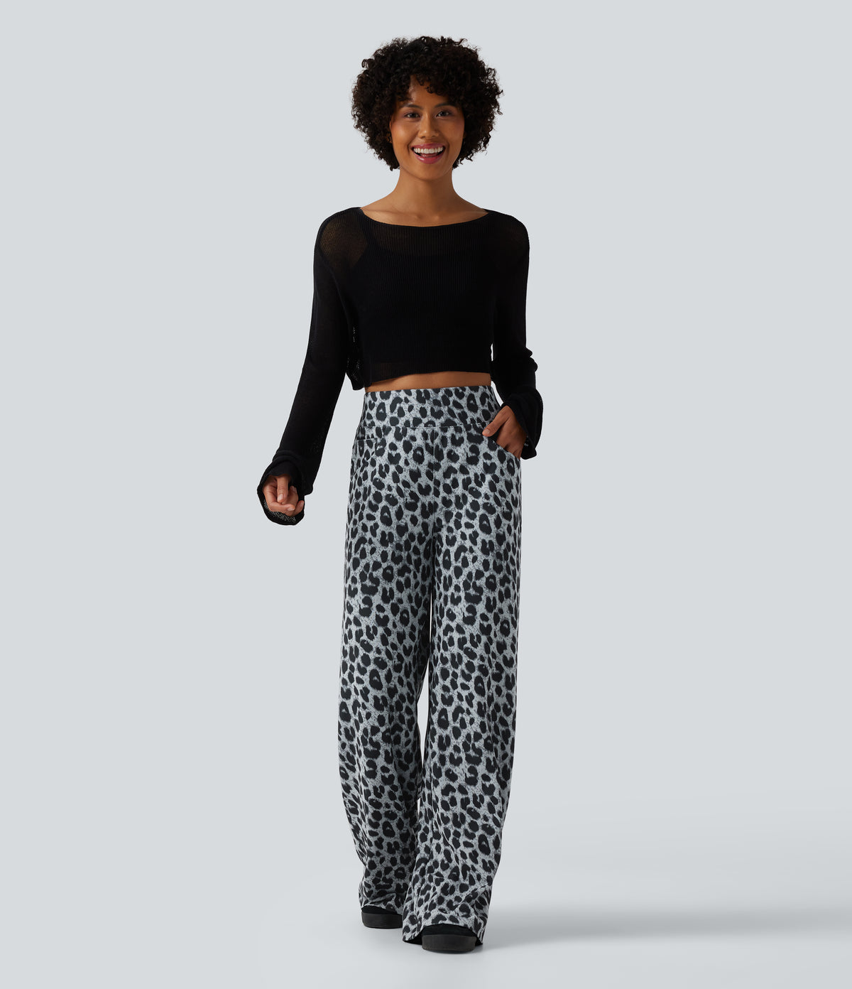 High Waisted Leopard Waffle Casual Baggy Trousers with Pockets — Frosted Panther — view 6