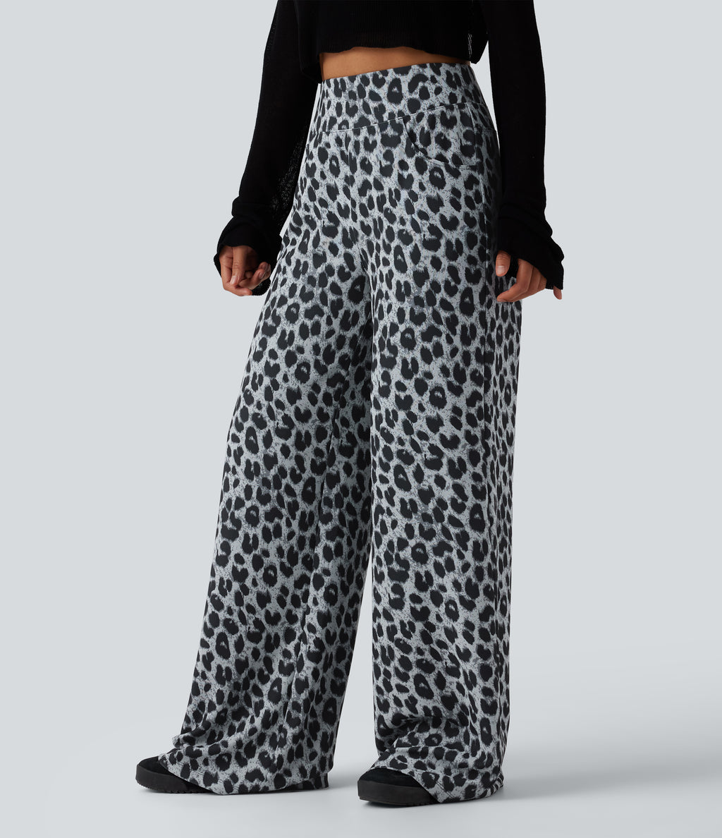 High Waisted Leopard Waffle Casual Baggy Trousers with Pockets — Frosted Panther — view 3