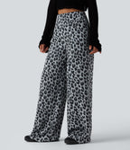 High Waisted Leopard Waffle Casual Baggy Trousers with Pockets — Frosted Panther — view 3