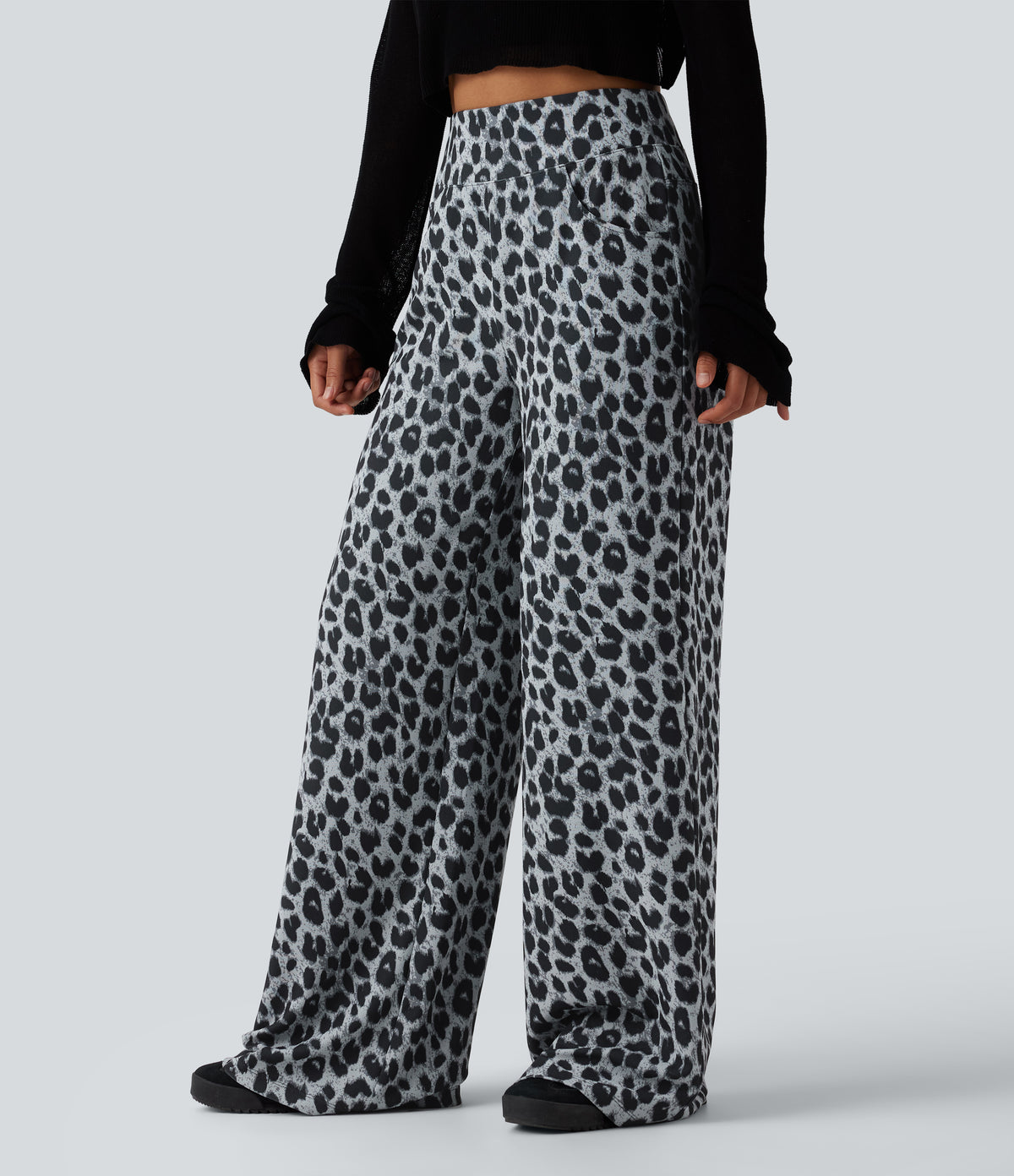 High Waisted Leopard Waffle Casual Baggy Trousers with Pockets — Frosted Panther — view 3