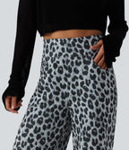 High Waisted Leopard Waffle Casual Baggy Trousers with Pockets — Frosted Panther — view 4
