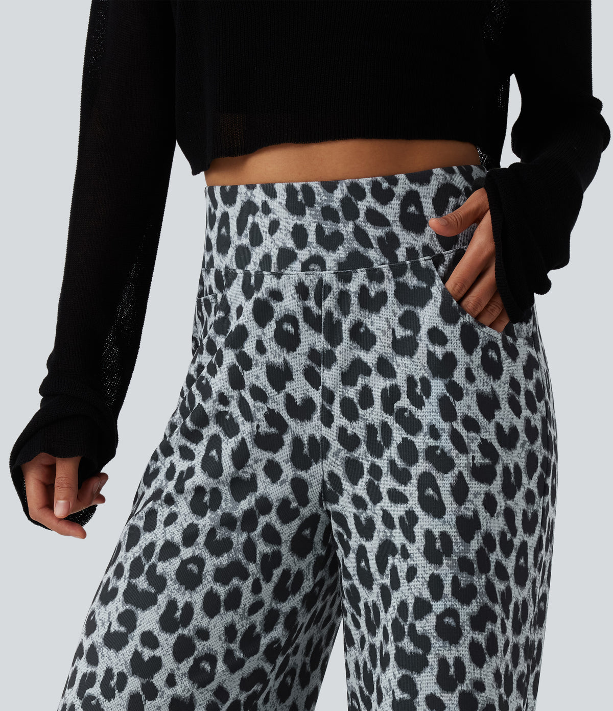 High Waisted Leopard Waffle Casual Baggy Trousers with Pockets — Frosted Panther — view 4