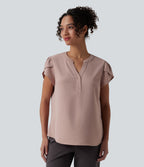 V-neck Petal Short Sleeve Work Blouse — Fawn — view 2