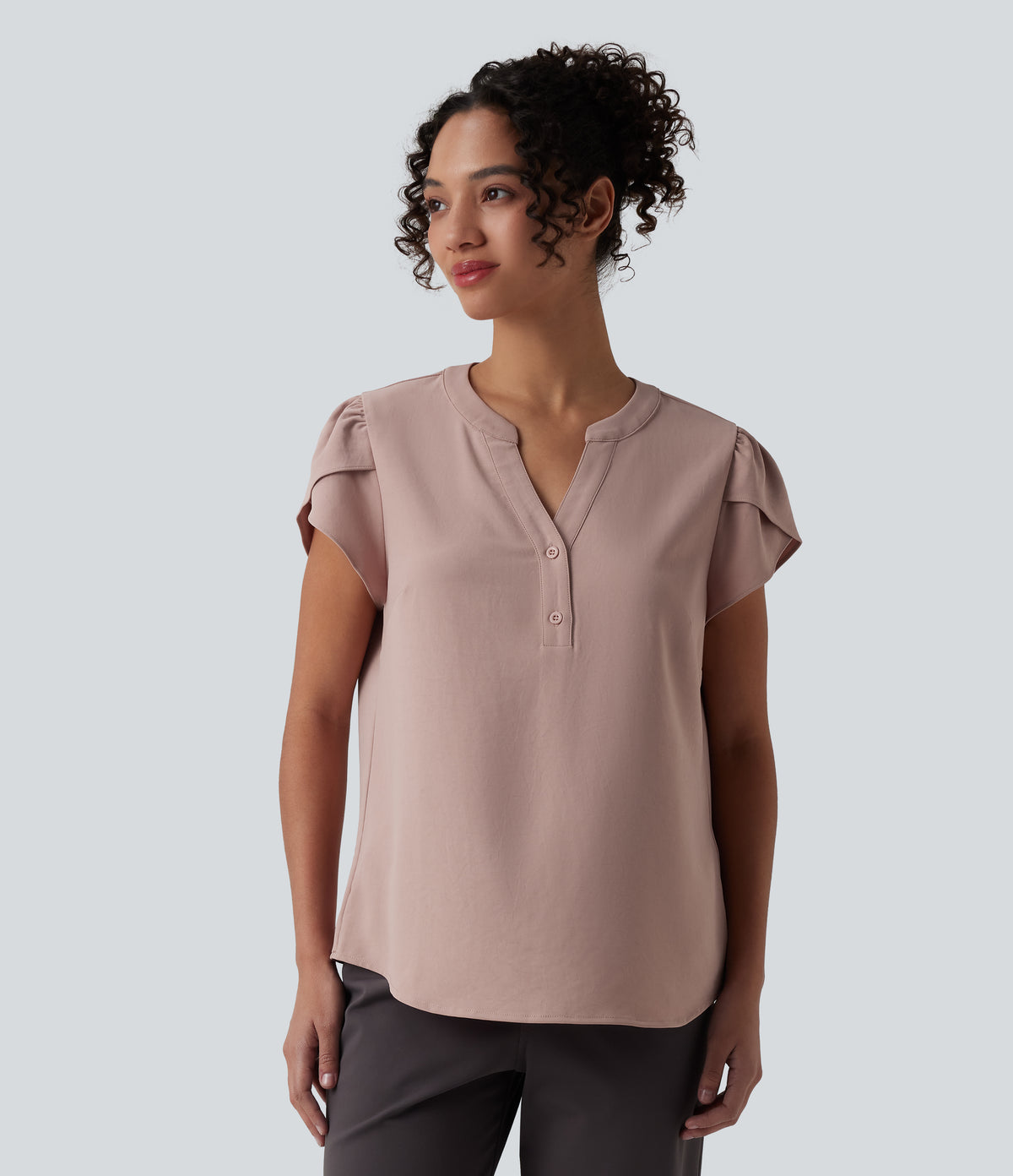 V-neck Petal Short Sleeve Work Blouse — Fawn — view 2
