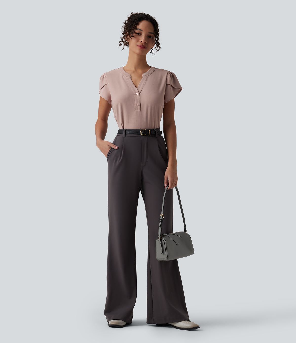 V-neck Petal Short Sleeve Work Blouse — Fawn — view 6
