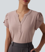 V-neck Petal Short Sleeve Work Blouse — Fawn — view 5
