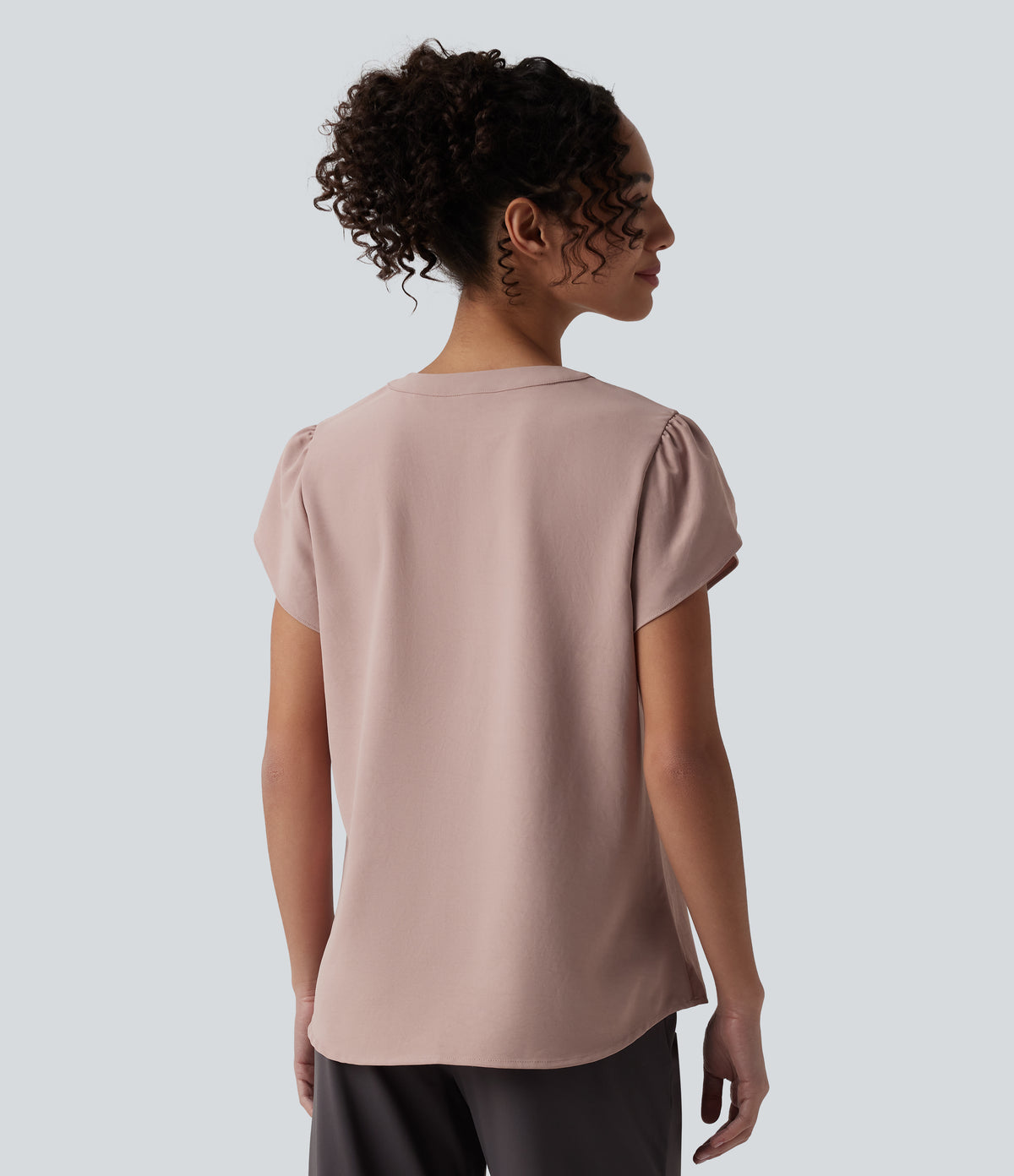 V-neck Petal Short Sleeve Work Blouse — Fawn — view 3