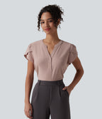 V-neck Petal Short Sleeve Work Blouse — Fawn — view 4