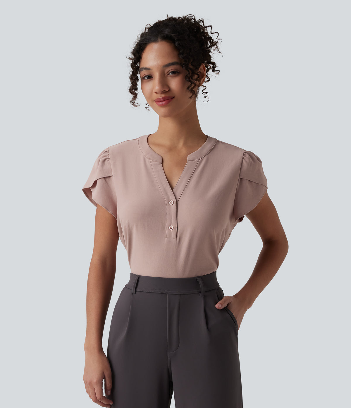 V-neck Petal Short Sleeve Work Blouse — Fawn — view 4