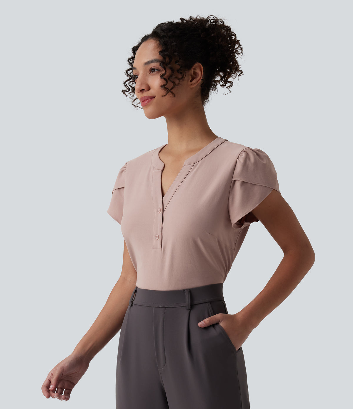 V-neck Petal Short Sleeve Work Blouse — Fawn — view 1