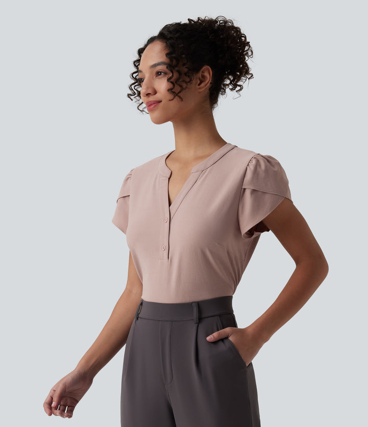 V-neck Petal Short Sleeve Work Blouse — Fawn — view 1