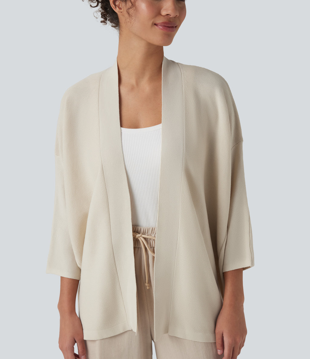 Open Front 3/4 Sleeve Casual Cardigan — Light Gray — view 4