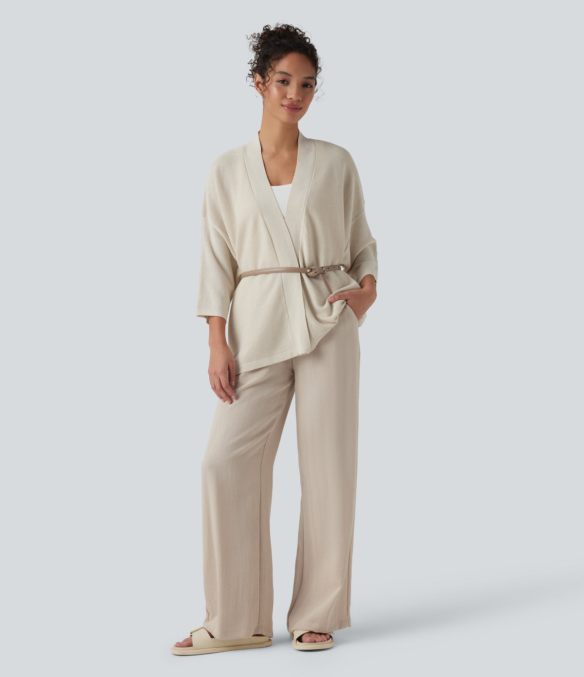 Open Front 3/4 Sleeve Casual Cardigan — Light Gray — view 5