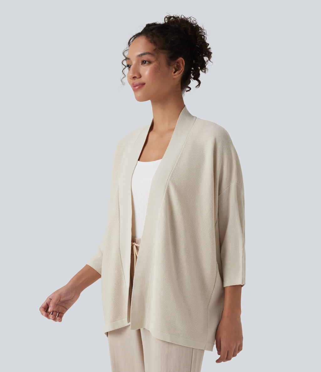 Open Front 3/4 Sleeve Casual Cardigan — Light Gray — view 3