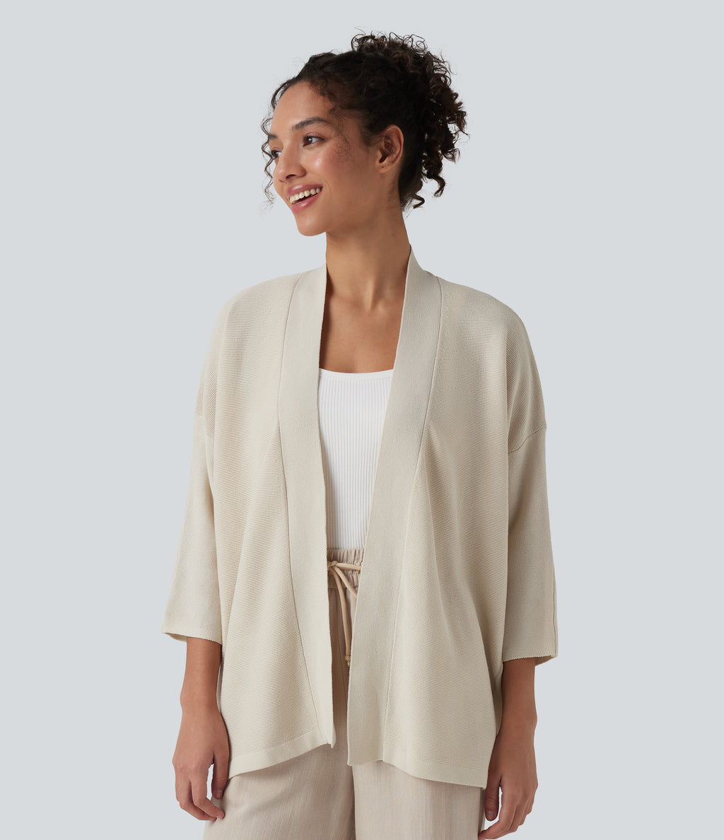 Open Front 3/4 Sleeve Casual Cardigan — Light Gray — view 1