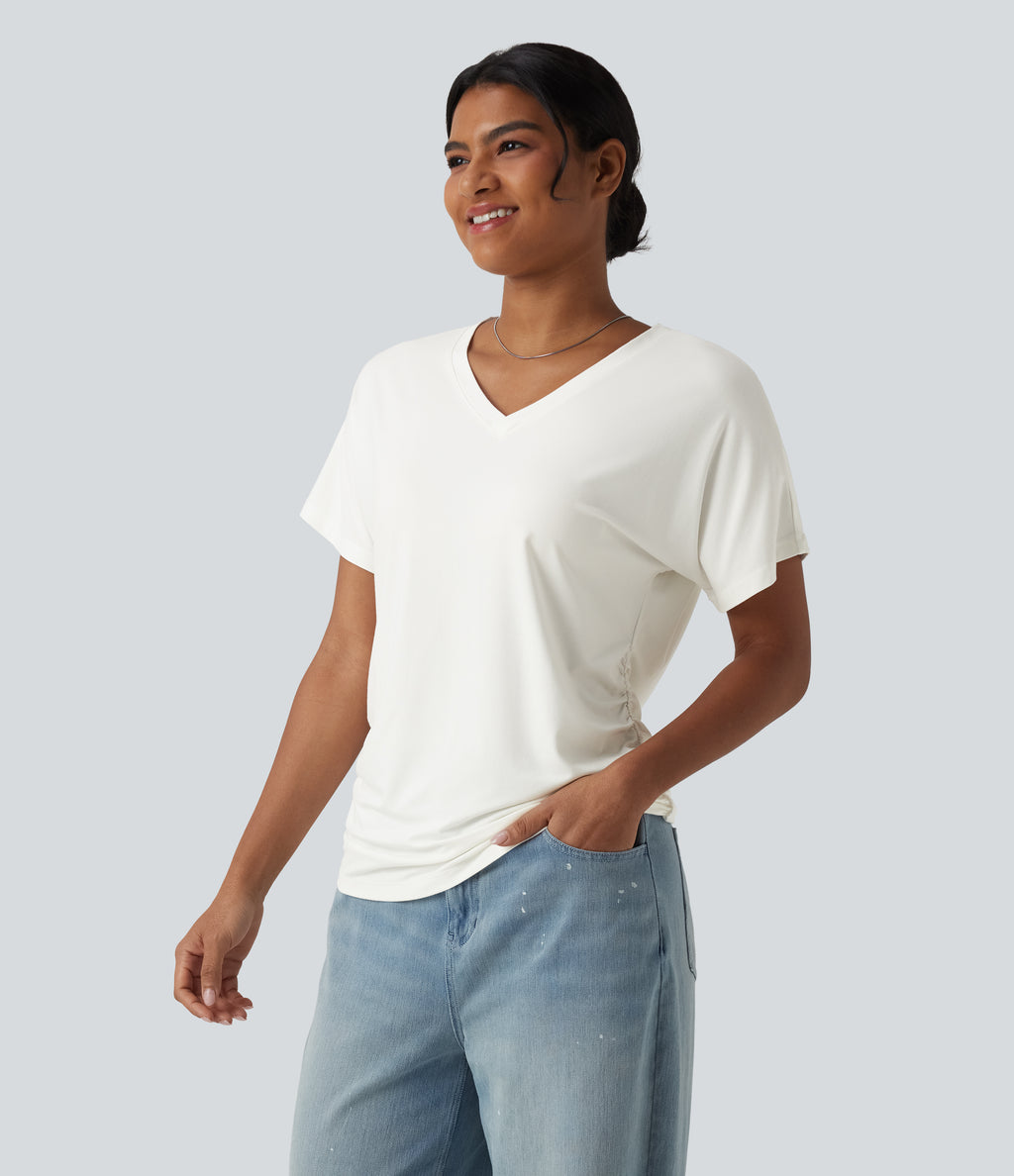 V-neck Short Sleeve Ruched Plain Casual T-Shirt — White — view 3