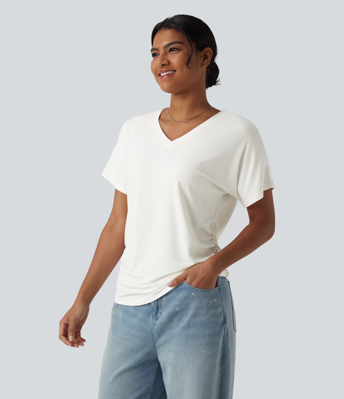 V-neck Short Sleeve Ruched Plain Casual T-Shirt — White — view 3
